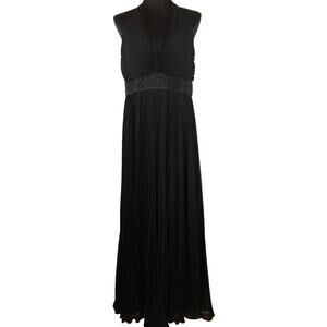 Carmen Marc Valvo Plisse Jumpsuit 14 Black Beaded Belt Wide Pleated Leg V Neck